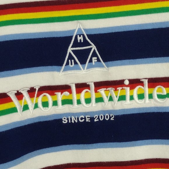 HUF Worldwide Rainbow Striped Embroidered Skate T-Shirt - Picture 2 of 6